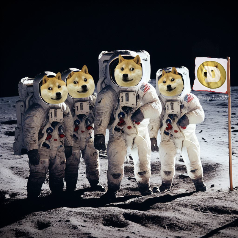 Group photo of Dogecoin landing on the moon