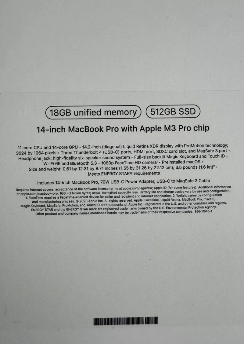 2023 MacBook Pro 14' / Space Black / Apple M3 Pro / 18GB RAM / 512GB SSD